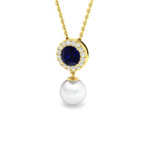 Blue Sapphire & Pearl Pendant 4ct Gold Necklace (Lab & Natural Diamonds)