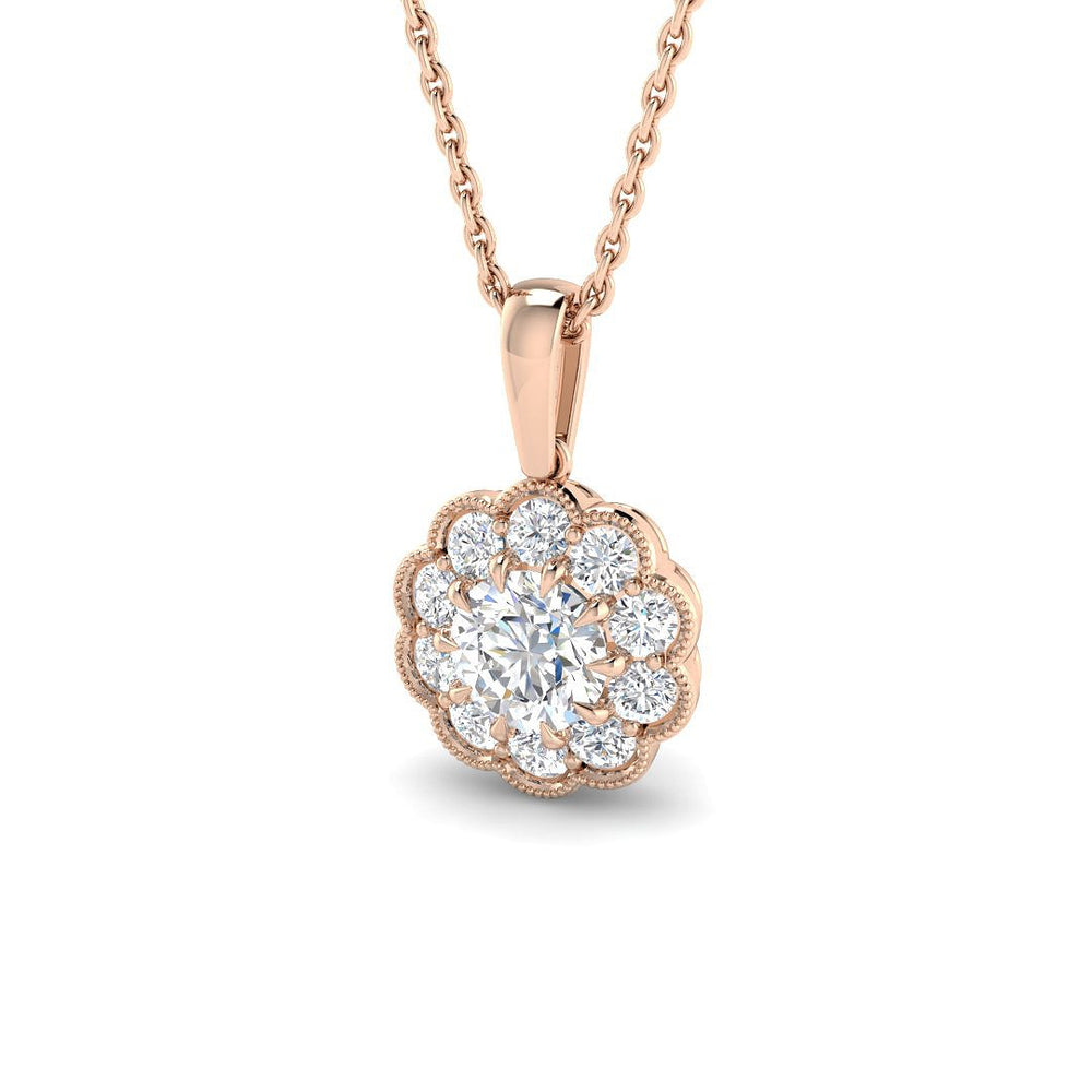 Rose gold necklace with a diamond pendant on a white background