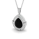 Silver pendant with a black teardrop stone and diamond accents on a white background