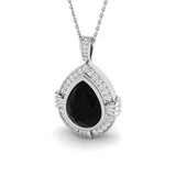 Silver pendant with a black teardrop stone and diamond accents on a white background