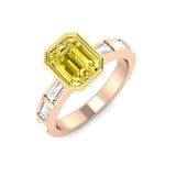 Natural Emerald Cut Yellow Diamond Bezel Set Engagement Ring with Baguette Side Stones