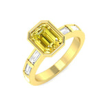 Natural Emerald Cut Yellow Diamond Bezel Set Engagement Ring with Baguette Side Stones