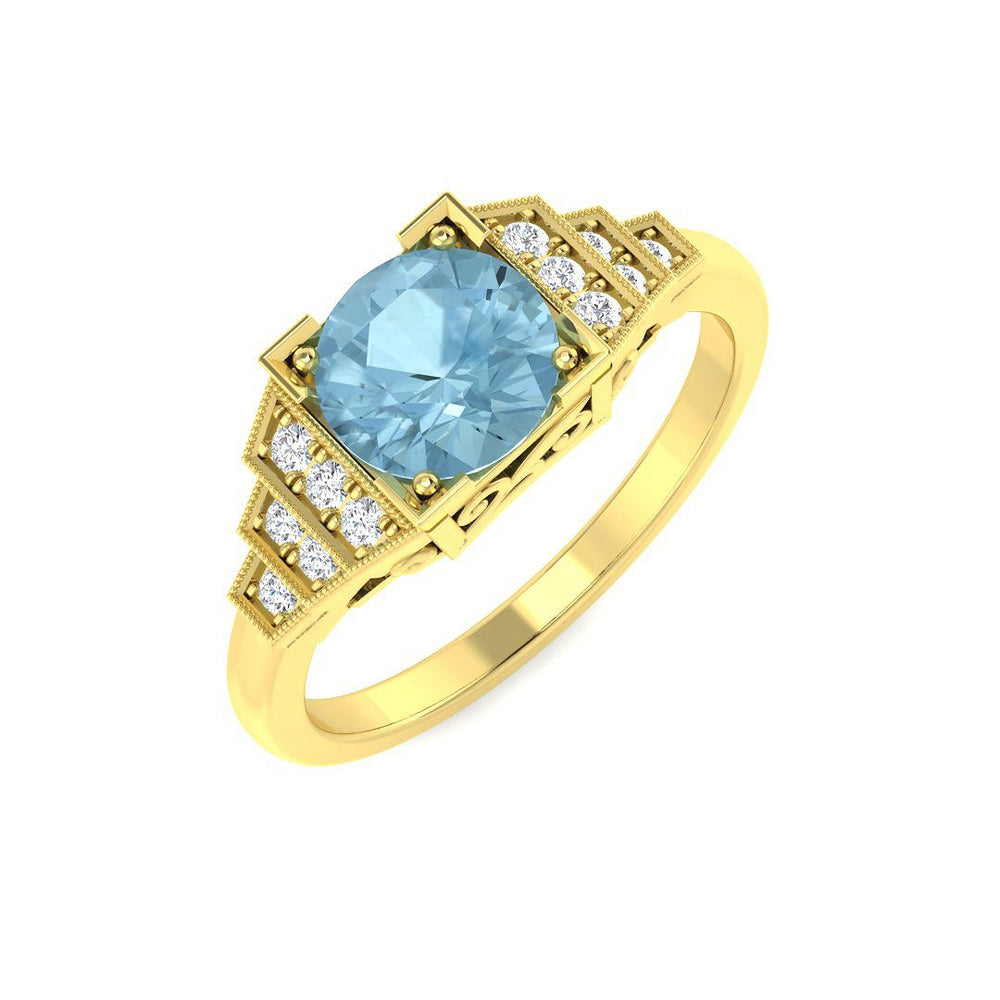 Yellow Gold Round Cut Aquamarine Ring with Pavé Diamonds
