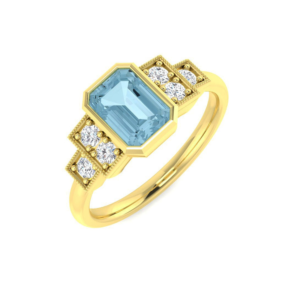 Vintage Emerald Cut Aquamarine Ring with Diamond Side Stones