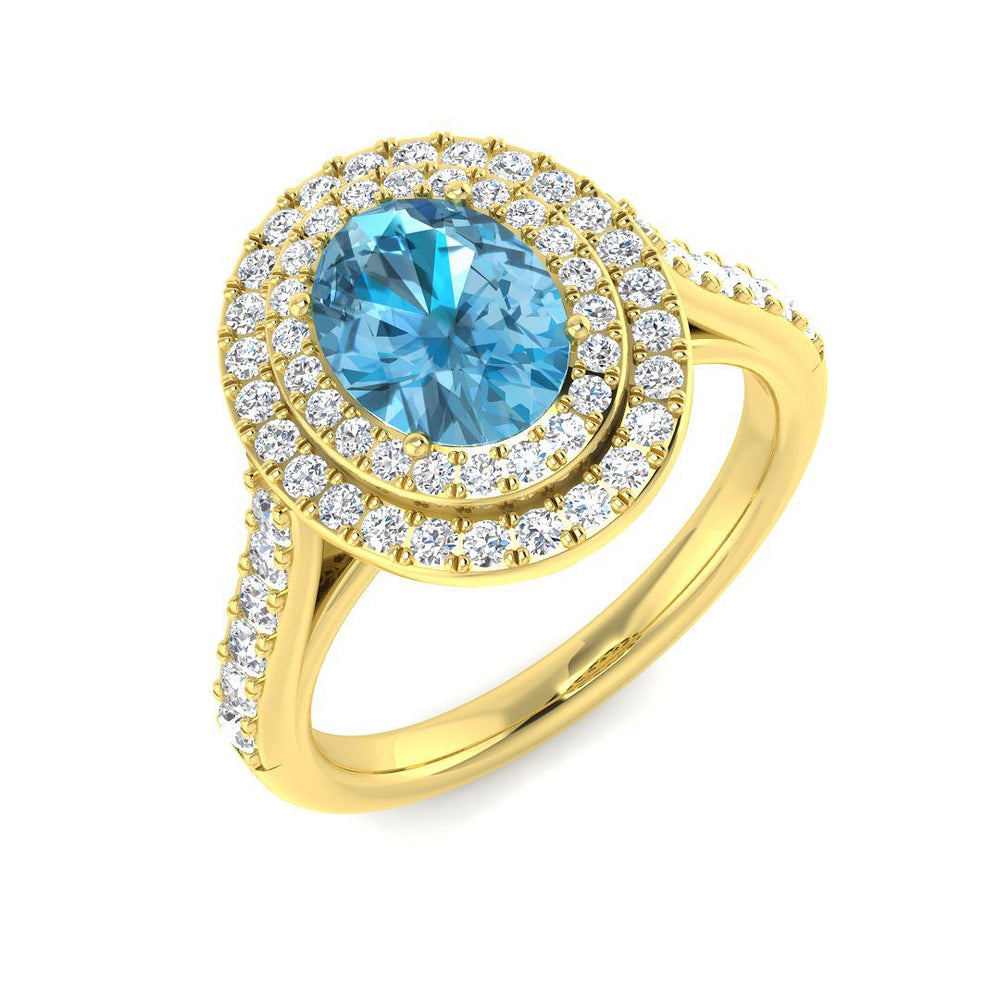 Blue Topaz Double Halo Ring with Round Pave Diamonds in Yellow Gold