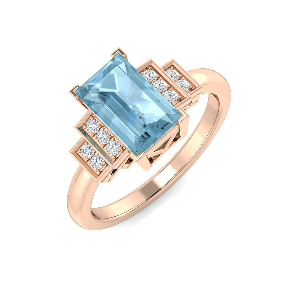 Emerald Style Baguette Cut Aquamarine Ring with Diamond Side Stones