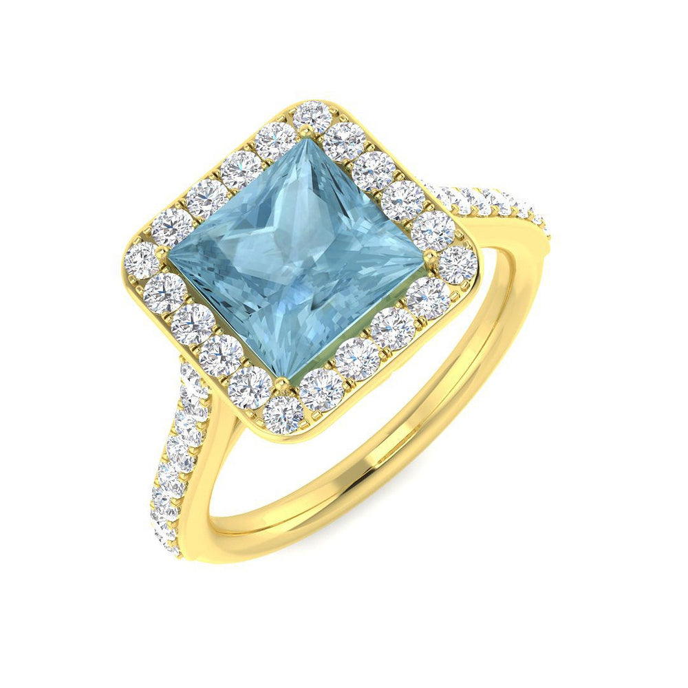 Princess Cut Aquamarine Halo Ring with Round Pave Diamonds