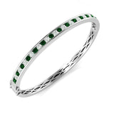 18K White Gold Natural Diamond and Emerald Channel Set Hinged Bangle with Box Clasp
