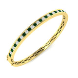 18K White Gold Natural Diamond and Emerald Channel Set Hinged Bangle with Box Clasp