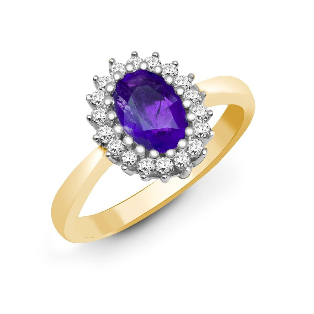 9K Solid Gold Halo Ring with Natural Diamond and Gemstone Cluster Solitaire