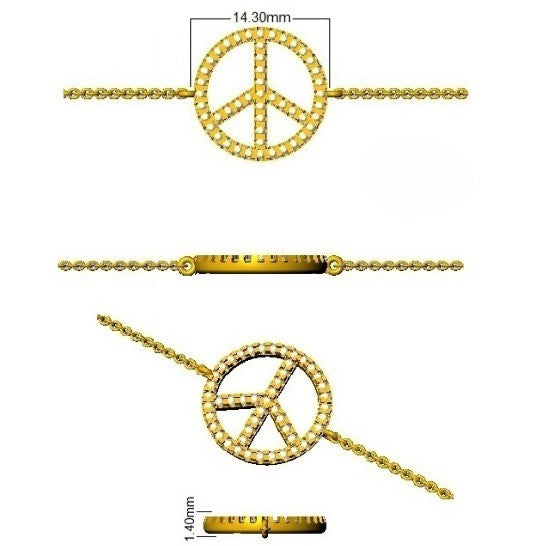 Luxury Yellow Gold Peace Charm Bracelet, Womens Lab Diamond Peace Sign Bracelet