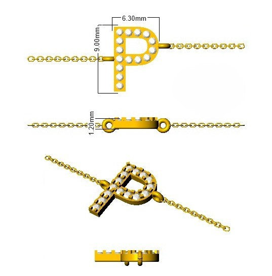 Sparkling Round Cut Diamond Letter P, Timeless Gold Diamond Initial Jewellery, Minimalist 9K Gold Diamond Bracelet UK