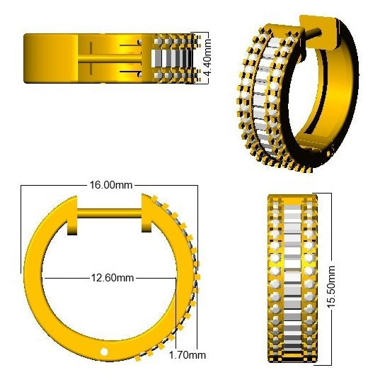 Hoop Earrings with Triple Row Diamonds Baguette and Brilliant Gold