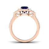 Emerald Cut Blue Sapphire Halo & Baguette Diamond Split Shank Engagement Ring