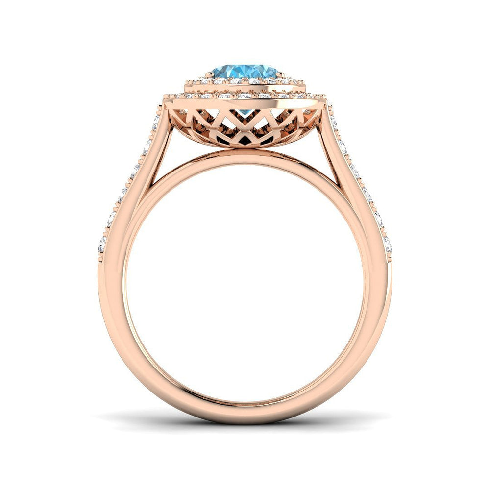 Blue Topaz Double Halo Ring with Round Pave Diamonds in Yellow Gold