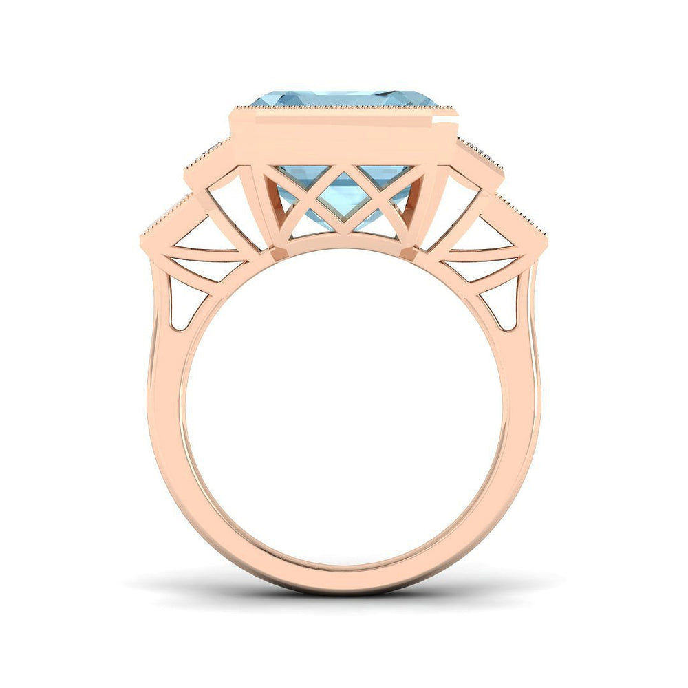 Emerald Cut Aquamarine Gemstone with Milgrain Baguette Diamonds