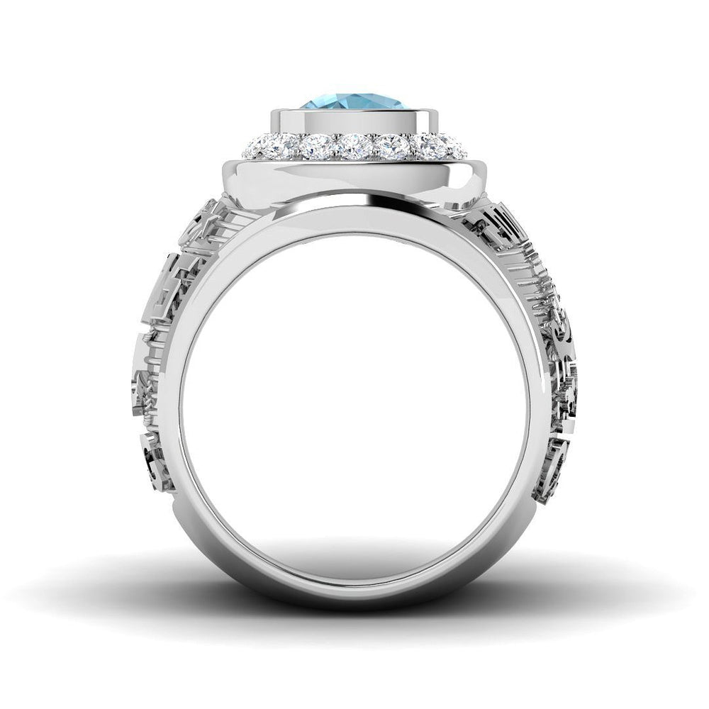 Side View Cushion Cut Blue Topaz Ring with Pave Diamonds