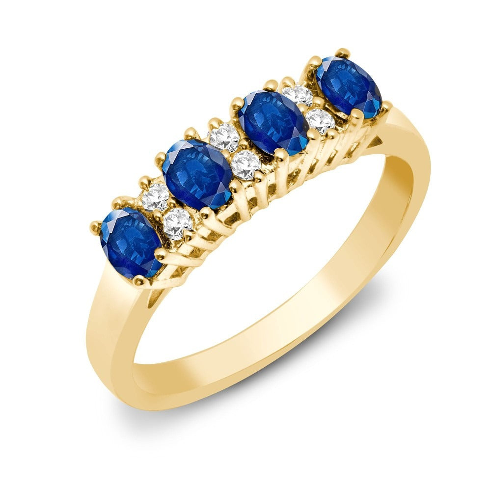 9K Gold Half Eternity Gemstone Ring with Oval Cut Multi-Color Gemstones & Diamonds