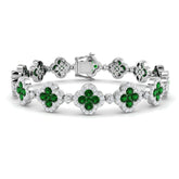 18K White Gold Clover Set Emerald Gemstone and Round Diamond Tennis Bracelet