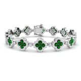 18K White Gold Clover Set Emerald Gemstone and Round Diamond Tennis Bracelet