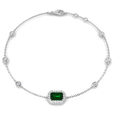 Solitaire Emerald Gemstone with Bezel Set Round Natural Diamond Link Bracelet in 18K White Gold
