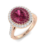 Pink Tourmaline Halo Ring featuring an oval cut pink tourmaline center stone with a round diamond halo.