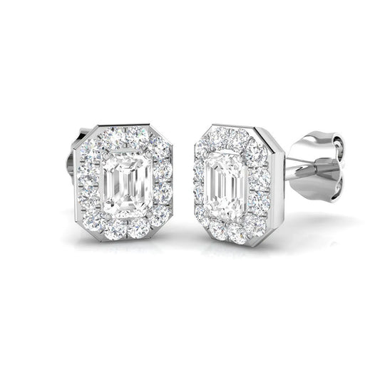 1.00 Ct DE/VVS Lab Grown Emerald Cut Diamond Halo Earring in 18K White Gold