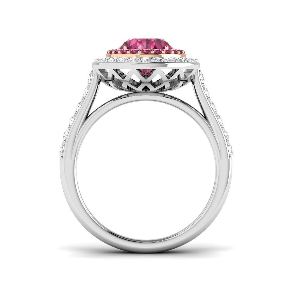 Pink Tourmaline Halo Ring showing an oval cut pink tourmaline center stone with round diamond halo.