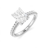radiant diamond solitaire claw set engagement ring with pave diamond band