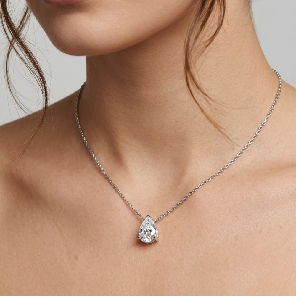 Pear diamond solitaire necklace in white gold for elegant wear.