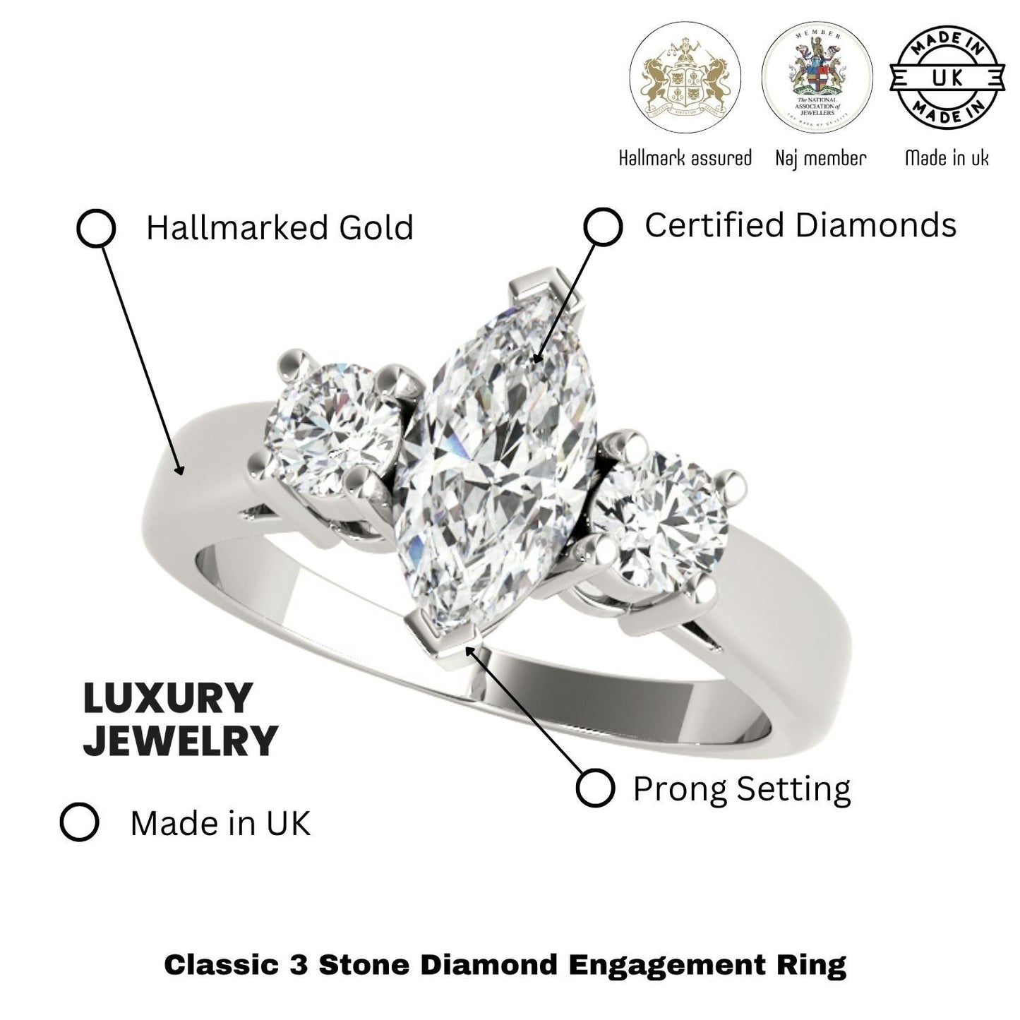 2.00Ct DE/VS Marquise Lab-Grown Diamond 3 Stone Engagement Ring Platinum