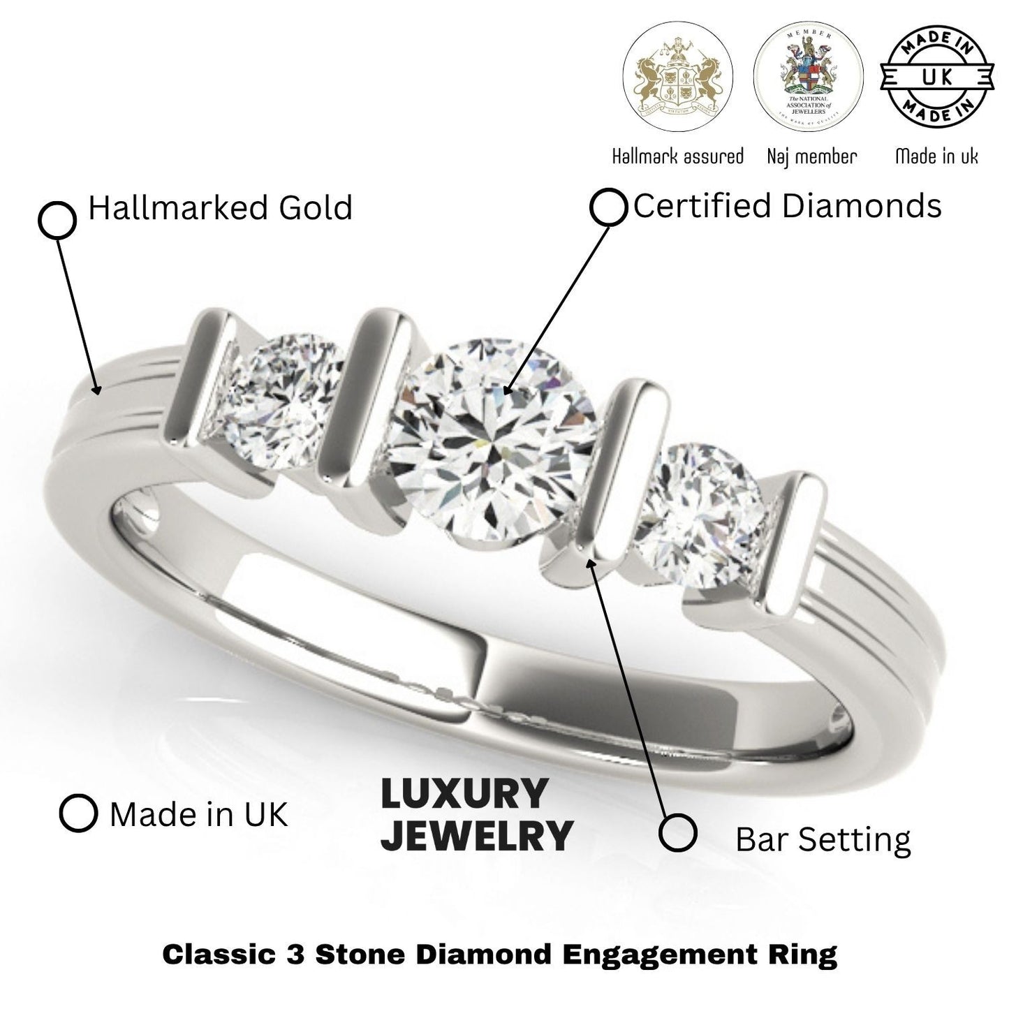 2.00Ct Bar Set Lab Grown Round Diamond 3 Stone Engagement Ring Platinum