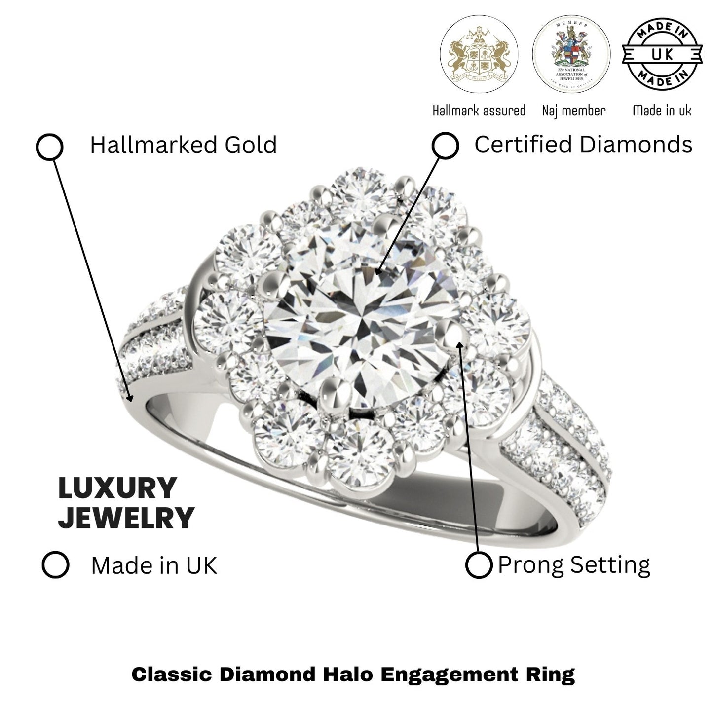 2.00 Carat Lab Grown Round Cut Diamond Halo Engagement Ring 18K White Gold