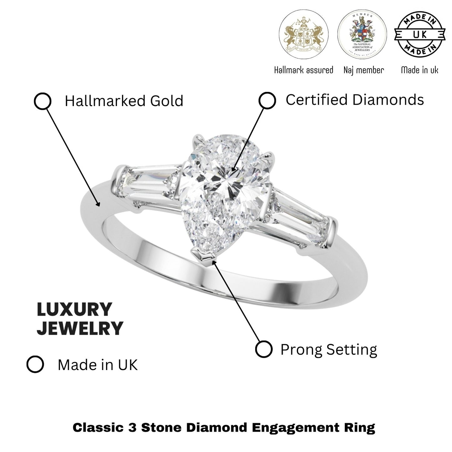 Lab-Grown Pear Cut Diamond 3 Stone Engagement Ring
