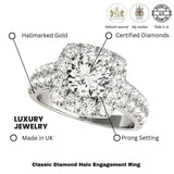 Bague de fiançailles en or blanc 18 carats, sertie d'un diamant rond de 3 carats de synthèse et serti d'un halo.