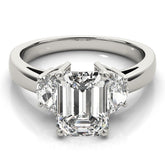 Lab-Grown Emerald Cut Diamond Trilogy Engagement Ring 18K White Gold