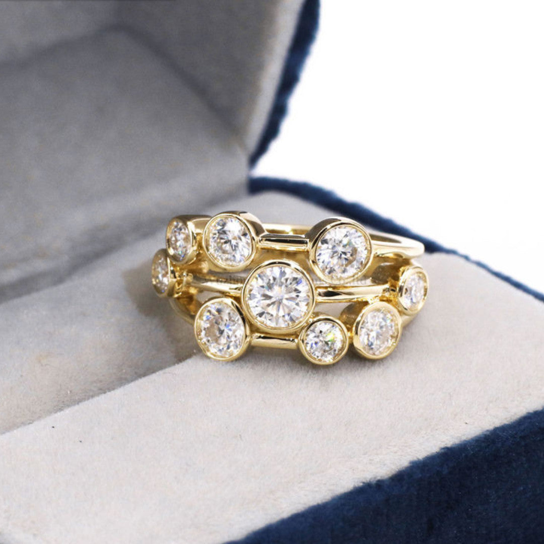 18k Yellow Gold - 2Ct 100% Natural Round Cut Diamonds Bubble Ring