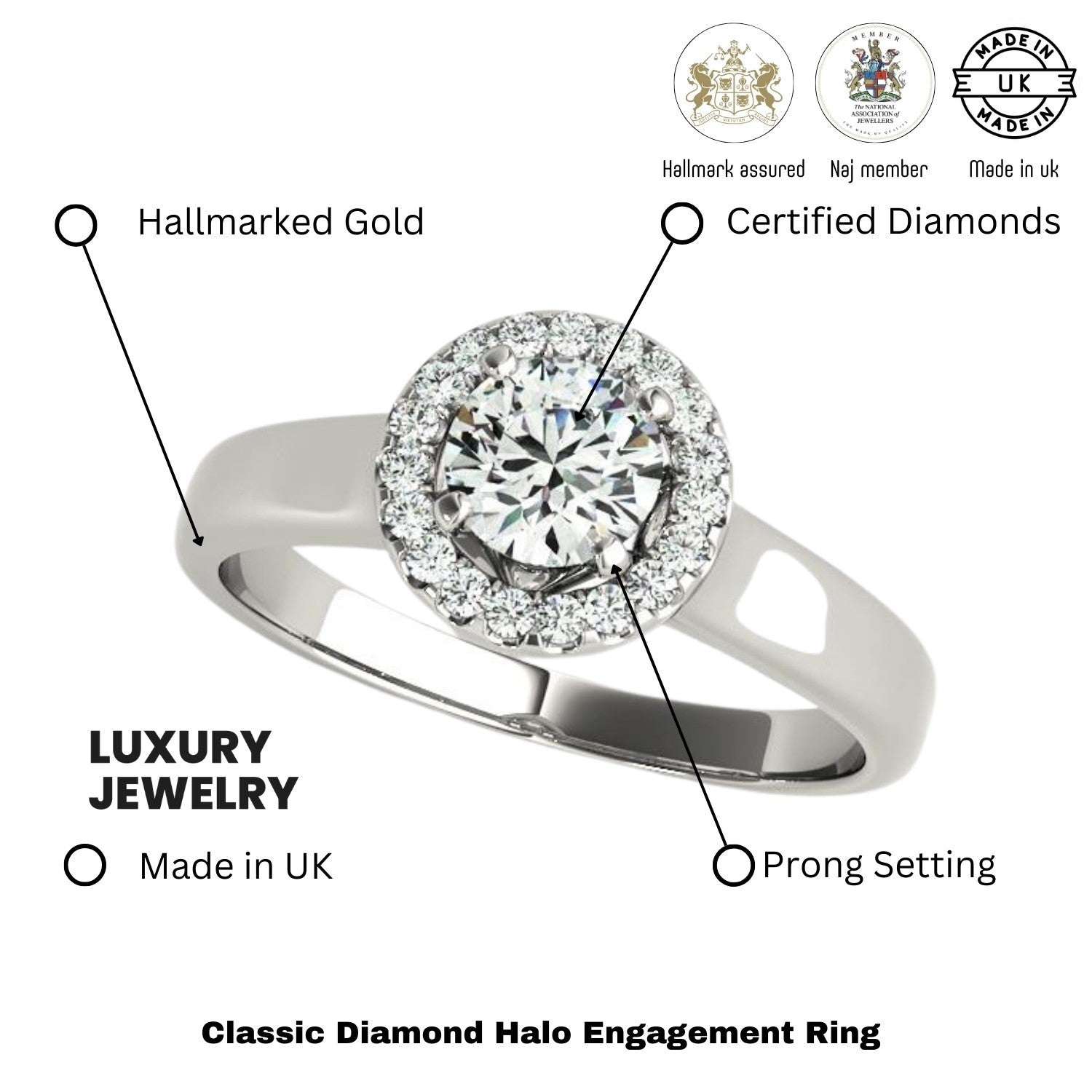 Classic diamond halo engagement ring with hallmarked gold and certified diamonds, featuring a prong setting.