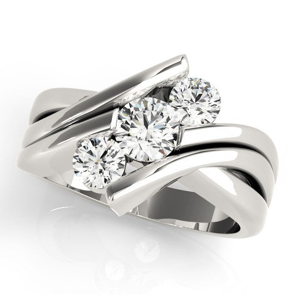 Silver ring with three diamonds on a white background