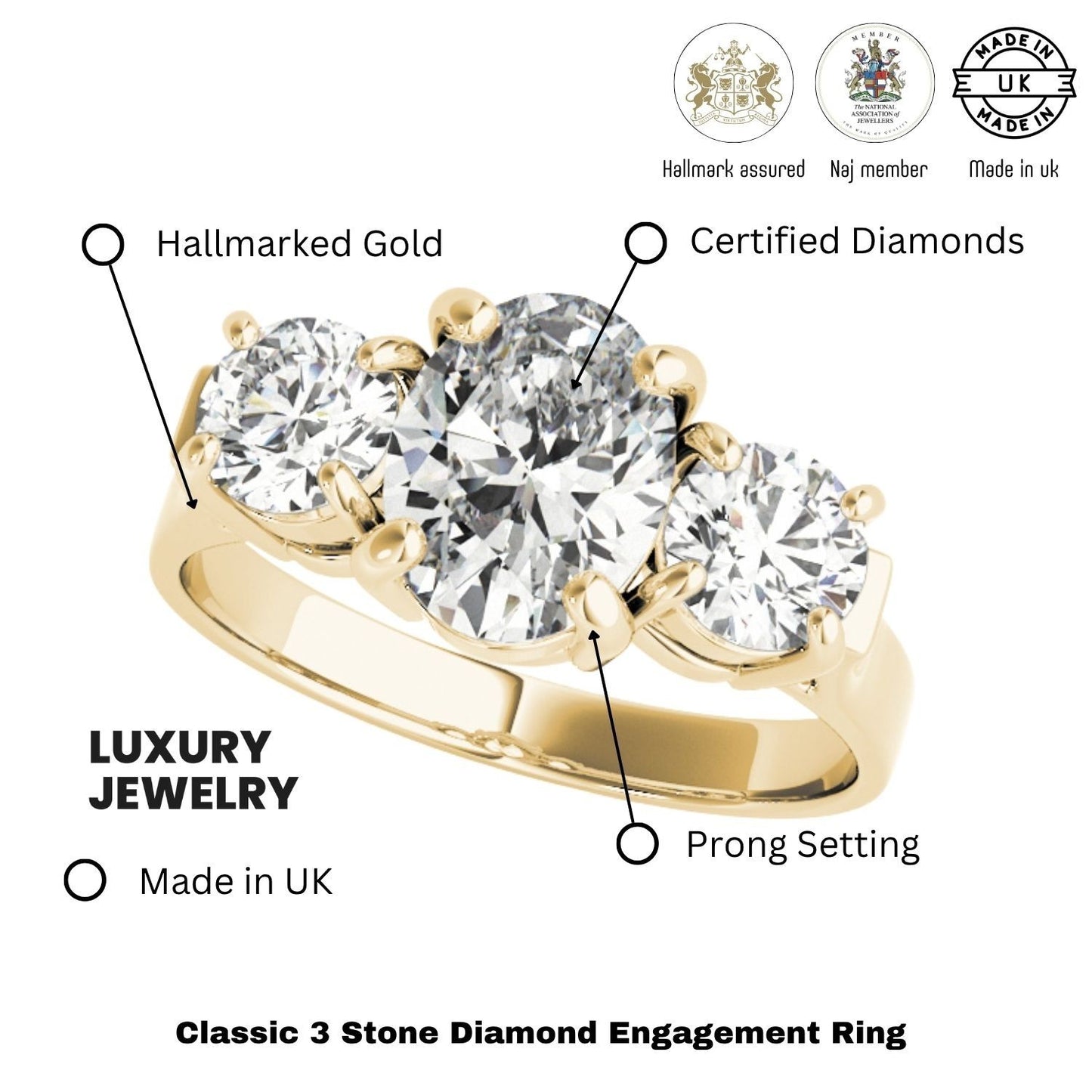 18k yellow gold Oval cut Trilogy Engagement Ring – 2Ct DE/VS Lab Grown Diamonds