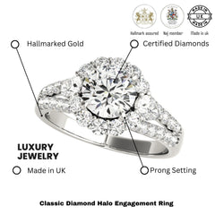 Lab Grown Round Diamond Halo Engagement Ring 18K White Gold