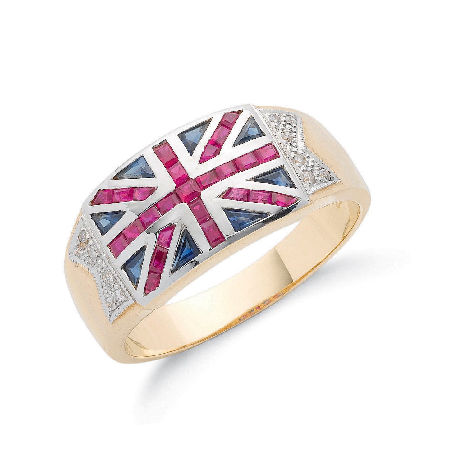 1.34ct Round Cut Diamond & Multi-Stone Union Jack Gents Ring 9ct Yellow Gold