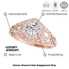 3.00Ct DE/VS Lab Grown Round Diamond Halo Engagement Ring 18K Rose Gold