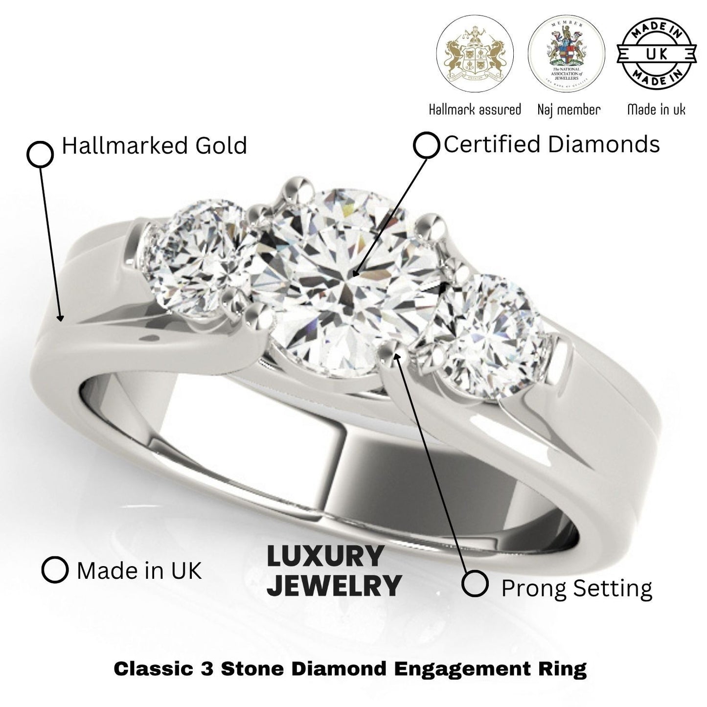 2.00Ct Lab Grown Round Diamond 3 Stone Engagement Ring Platinum