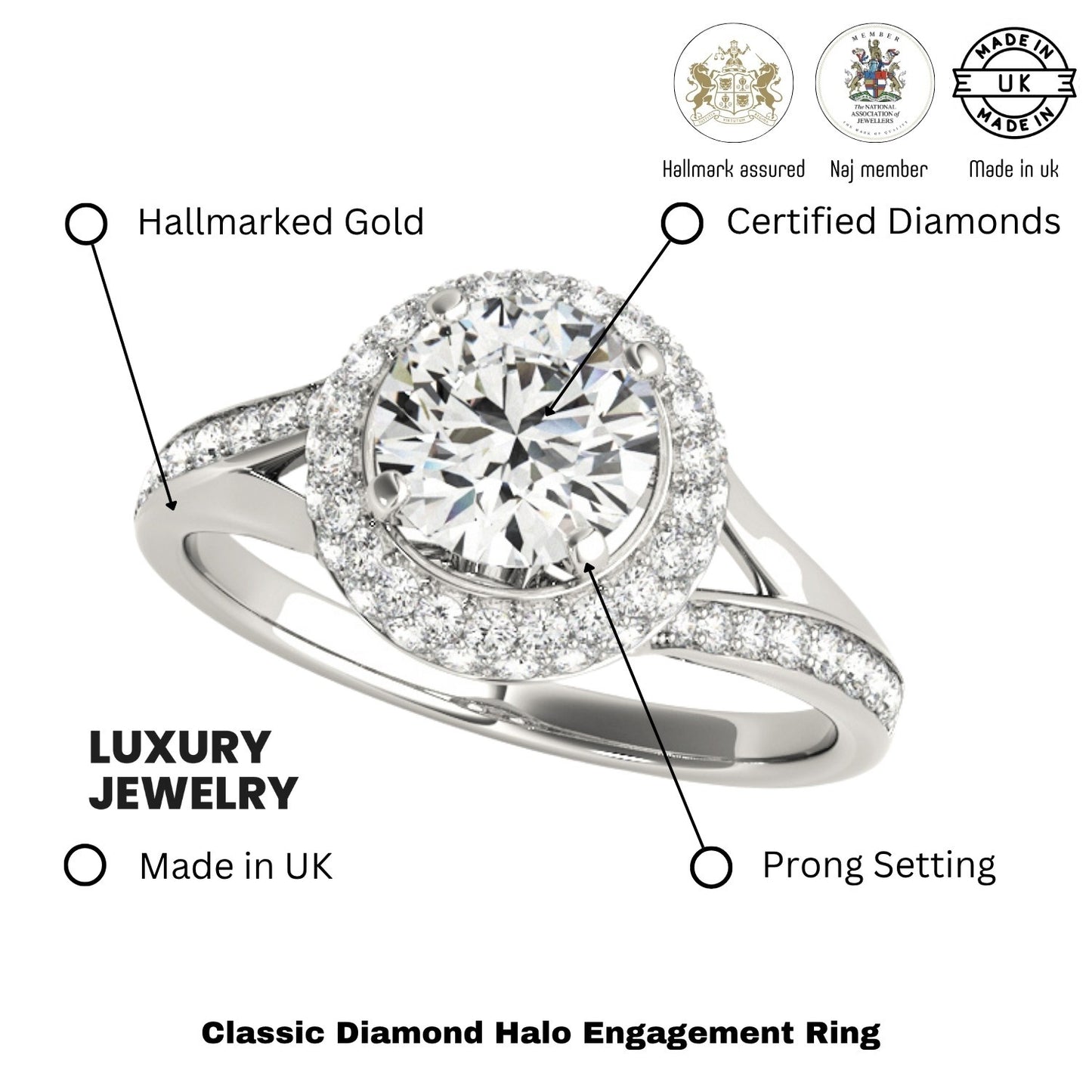 2.00Ct DE/VS Lab Grown Round Diamond Halo Engagement Ring 18K White Gold