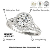 Verlobungsring mit Halo-Fassung, 2,00 ct DE/VS Labor-Diamant, rund, 18 Karat Weißgold