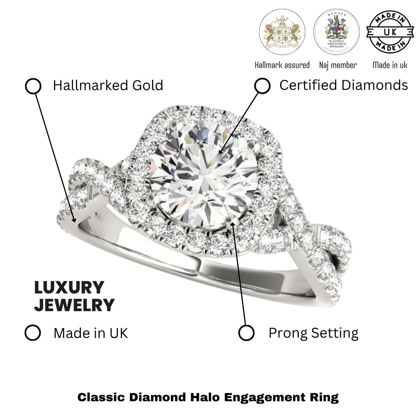 Lab Grown Round Diamond Halo Engagement Ring 18K White Gold