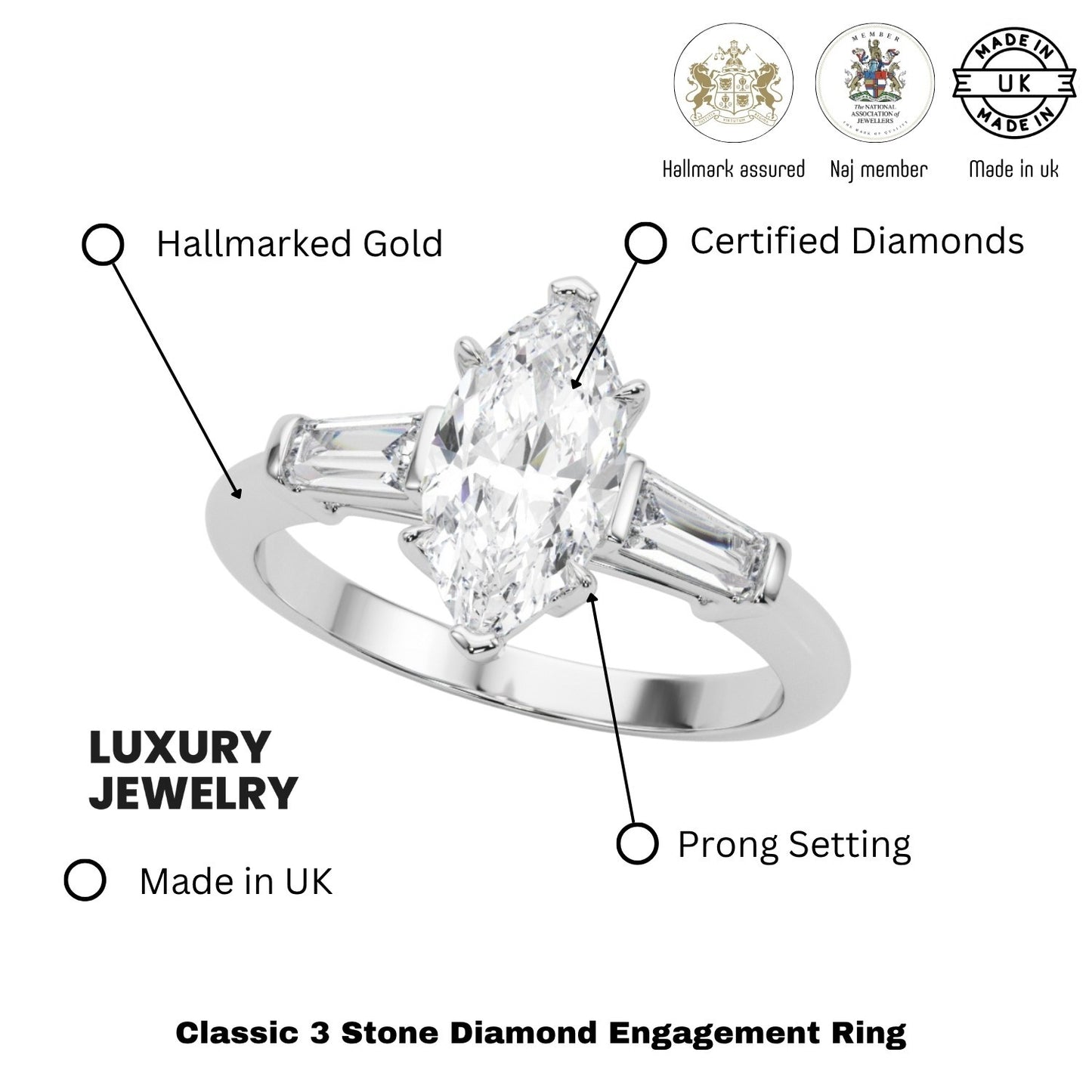 Lab-Grown Marquise Cut Diamond 3 Stone Engagement Ring