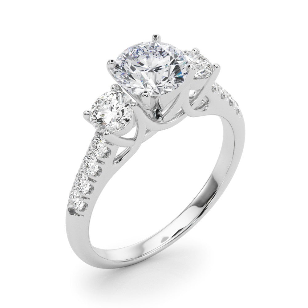 Diamond ring with a central gemstone and smaller stones on a white background