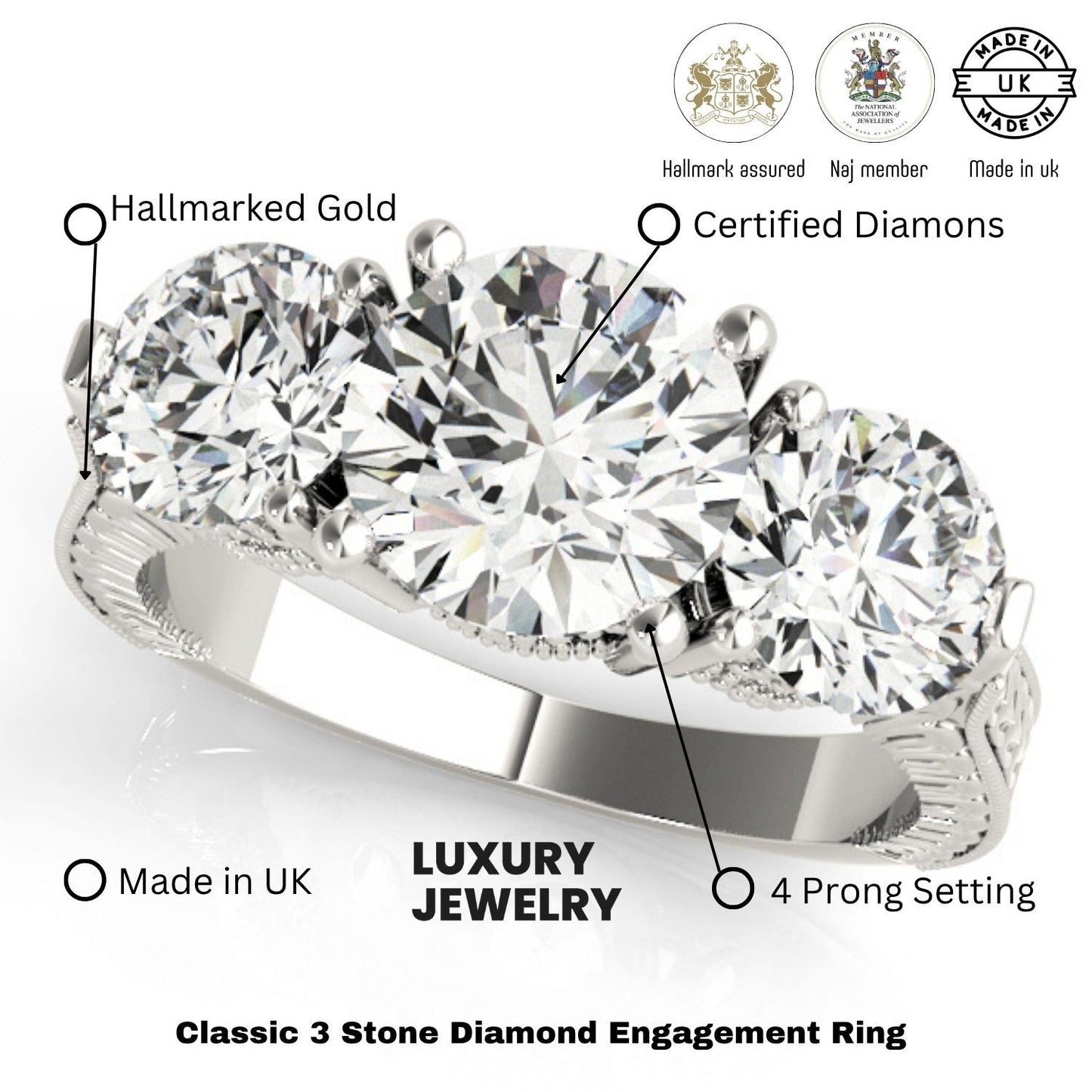 Platinum Lab Grown Diamond Trilogy Engagement Ring Art Deco Designer 2CT DE/VS